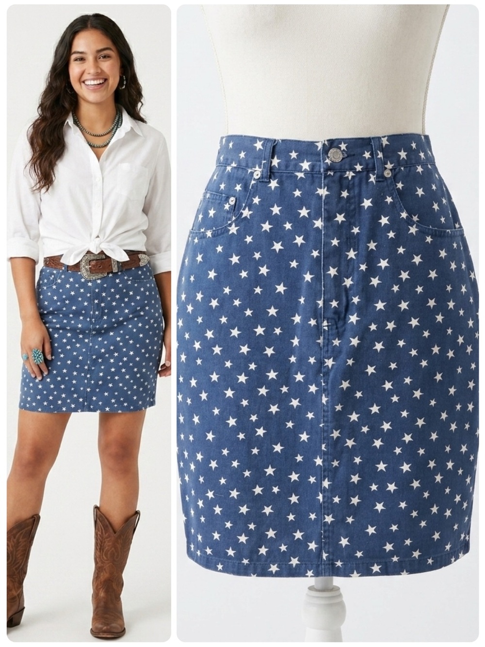 Vintage Star Print Denim Mini Skirt Cambridge Country Store 100% Cotton Size 10